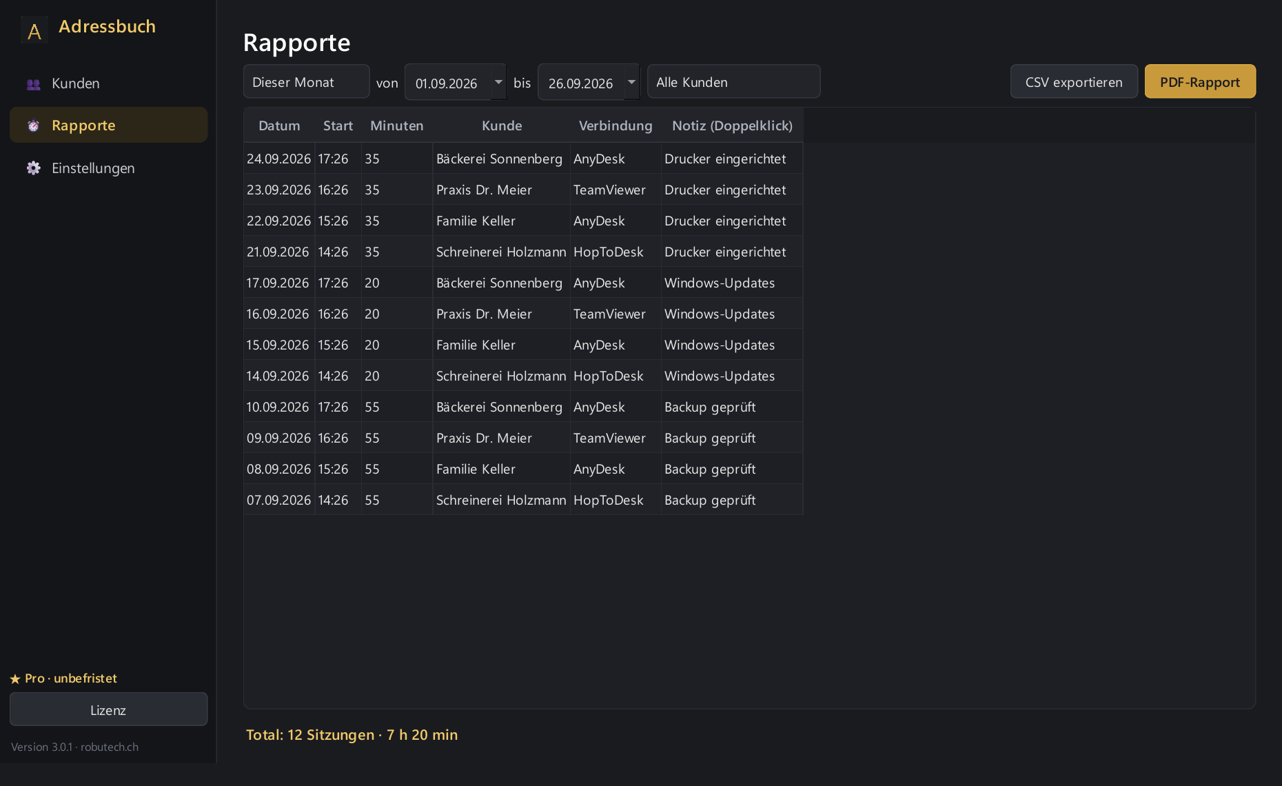 Pro: reports as PDF or CSV for invoicing