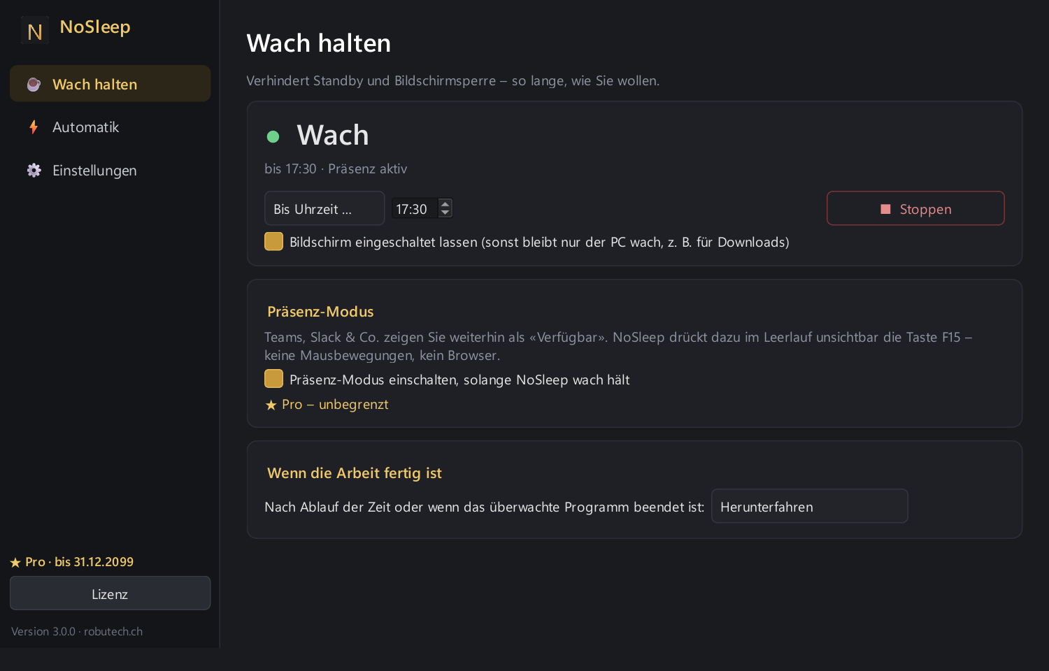 One click: stay awake until 17:30, with presence mode for Teams